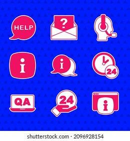 Set Information, Telephone 24 hours support, Monitor with FAQ information, Clock, Question and Answer, Man headset and Speech bubble text Help icon. Vector