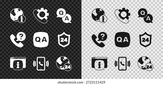 Set Information (Informações de configuração), Telephone 24 hours support (Suporte por telefone 24 horas), Question and Answer (Perguntas e respostas), Monitor with FAQ information (Monitor com informações de perguntas frequentes) e icon (ícone). Vetor