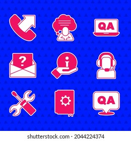 Establecer información, manual de usuario, pregunta y respuesta, hombre con auriculares, destornillador, signo de interrogación de sobres y icono de asistencia telefónica las 24 horas. Vector