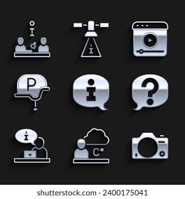 Set Information, Weather forecast, Photo camera, Speech bubble chat, Television report, War journalist, Live stream and Interview icon. Vector
