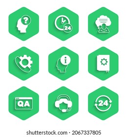 Set Information, Woman with headset, Telephone 24 hours support, User manual, Question and Answer, Speech bubble chat and Head question mark icon. Vector