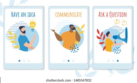 Set Informational Poster have in Idea Lettering. Banner Written Communicate, Ask Question. Men Come Up with an Idea, Talk about it Phone. Guy Speaks into Loudspeaker. Vector Illustration.
