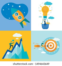 Set Informational Poster Movement Towards Goal. Formulation Expectations Regarding Improvement Indicators.  Girl Flies in Basket, Instead Balloon, Glowing Light Bulb. Vector Illustration.