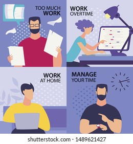 Set Informative Flyer Inscription Too Much Work. Banner Written Work Overtime, Work at Home, Manage your Time. Office Worker Labor.  Man goes Through Documents. Vector Illustration.