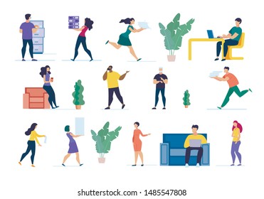 Set Informative Flyer People at Work Cartoon. Banner Variety Business Interests. Poster Employees, Men and Women do Work. Paperwork and Negotiations in Office. Vector Illustration.
