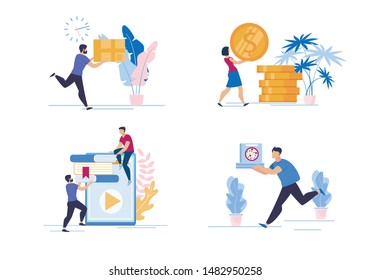 Set Informative Flyer Profit Calculation Flat. Office Information Needs. Man Carries Credit Card and Woman Carries Gold Coins. Guys are Looking for Information in E-library.  Vector Illustration.