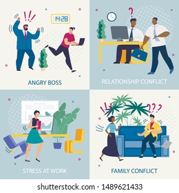 Set Informative Poster Angry Boss Lettering Flat. Banner is Written Stress at Work, Family Conflict, Relationship Conflict. Incentive for Employees to Work Efficiently. Vector Illustration.