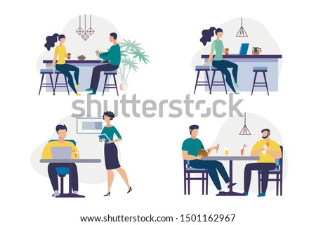 Set Informative Poster Office Staff Lounge Flat. Banner Food Stock in Shared Kitchen in Office. Guy and Girl Drink Coffee and Soft Drinks During Break at Work. Vector Illustration.
