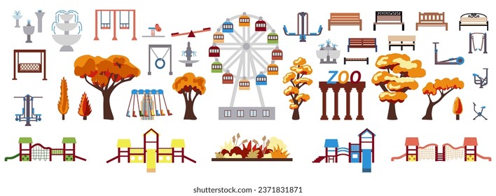 Set of infrastructure elements for a playground and an amusement park. Icons in a flat cartoon style