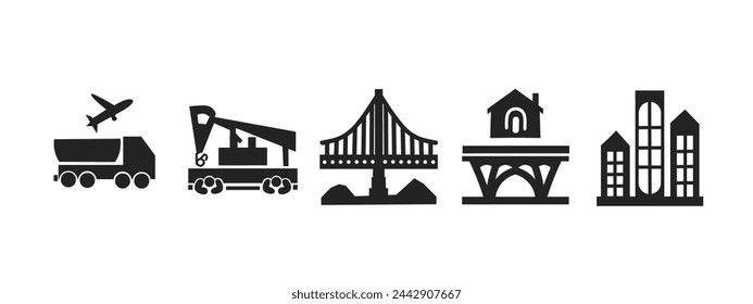 conjunto de iconos de infraestructura, iconos de puente, iconos de autopista, editable 