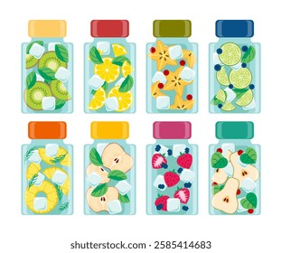 Set of infused water bottle collection cartoon with various fresh fruits or vegetables such kiwi, lemon, starfruit, pineapple, apple, strawberry,  pear.  Detox and refreshment drink concept. 