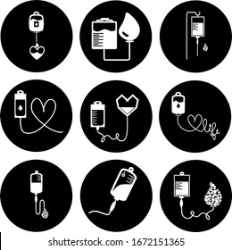 Set of Infusion icon. Intravenous bag or blood, drip. Medical help concept. Vector illustration can be used for topics like hospital, therapy, chemotherapy. infuse, blood bag. Tube and blood collection