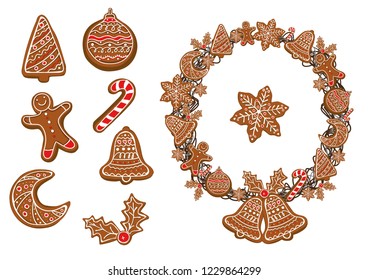 Set of ingerbread and gingerbread christmas wreath.Vector collection.
