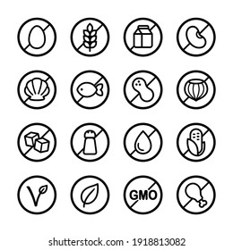 Set of ingredient and diet icons. Common allergens (gluten, dairy, soy, nut and more), sugar, salt and trans fat, vegetarian and organic symbols.