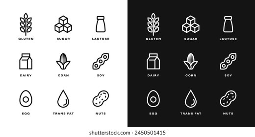 Satz von Inhaltsstoff- und Diät-Icons. Organisch. Ökoprodukte. Allergen-freie Abzeichen. Kein Soja, Transfat, Nuss, Gluten, Mais, Milchprodukte, Zucker, Paraben, Nitrate Umriss Logo. Vegane Speisen-Ikone.