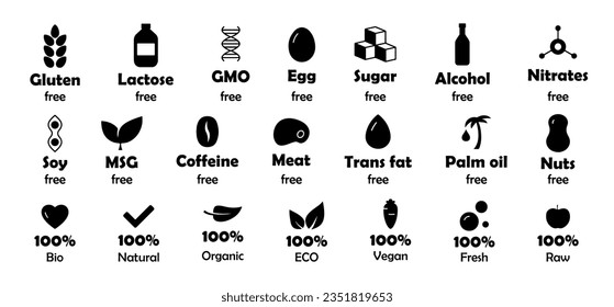 Set of ingredient free labels for product and food. Allergen free icons. Dietary restrictions icon collection. Free of sugar, lactose, alcohol, soy, nitrates, nuts
