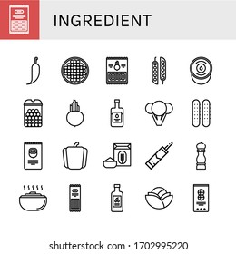 Set of ingredient icons. Such as Pasta, Hot pepper, Beans, Onion rings, Peas, Sour cream, Cheese balls, Beet, Balsamic vinegar, Broccoli, Cucumber, Nuts, Pepper , ingredient icons