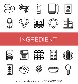 Set of ingredient icons such as Potato, Tomato, Silicone, Broccoli, Pepper, Eggs, Dough, Cauliflower, Nuts, Salt and pepper, Cheese balls, Peanut, Peas, Cabbage, Dill , ingredient