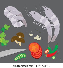 Set of Ingredient Tom Yum kung Soup Traditional Thai Food. Cartoon Vector illustration