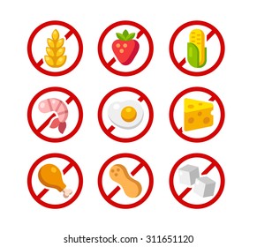 Set of ingredient warning icons with common allergens: gluten, dairy, shellfish, peanuts, eggs and more.