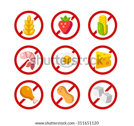 Set of ingredient warning icons with common allergens: gluten, dairy, shellfish, peanuts, eggs and more.