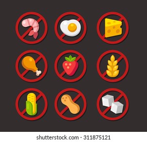 Set of ingredient warning illustrations of common allergies: gluten, lactose, shellfish, nuts, corn and more.