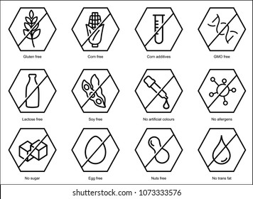 Set ingredient warning label icons. Common allergens gluten, lactose, soy, corn and more , sugar and trans fat, vegetarian and organic symbols.