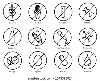 Set ingredient warning label icons. Common allergens (gluten, lactose, soy, corn and more), sugar and trans fat