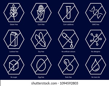 Set ingredient warning label icons. Common allergens (gluten, lactose, soy, corn and more), sugar and trans fat