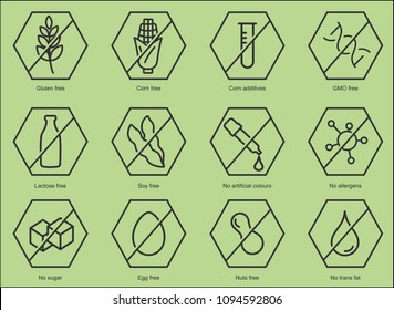 Set ingredient warning label icons. Common allergens (gluten, lactose, soy, corn and more), sugar and trans fat