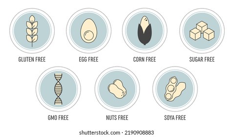 Set Of Ingredient Warning Label Icons. Allergen Icons. Gluten Free,egg Free, Gmo Free,corn Free,nuts Free, Soya Free,sugar Free. Food Intolerance. Flat Vector Illustration