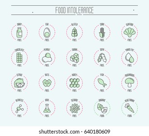 Set of ingredient warning label icons. Food intolerance. Common allergens (gluten, lactose, soy, corn and more), sugar and trans fat, vegetarian and organic symbols. Vector thin line illustration.