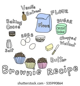 Set of ingredients for baking brownie such as flour, eggs, salt, sugar, vanilla extract, walnuts, butter, baking cocoa. Words regarding ingredient included. vector illustration.