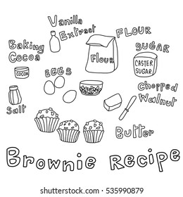 Set of ingredients for baking brownie such as flour, eggs, salt, sugar, vanilla extract, walnuts, butter, baking cocoa. Words regarding ingredient included. vector illustration.