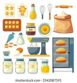 A set of ingredients for baking. Products and kitchen tools for baking, Oven, Blender, Kondyresky bag, flour, rye, corn, whole grain. Cookies, forms for baking. Vector