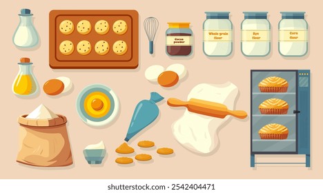 A set of ingredients for baking. Products and kitchen tools for baking, Oven, Blender, Kondyresky bag, flour, rye, corn, whole grain. Cookies, forms for baking. Vector