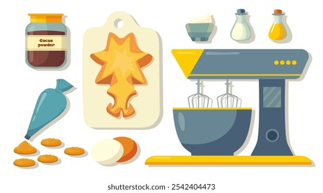 A set of ingredients for baking. Products and kitchen tools for baking, Oven, Blender, Kondyresky bag, flour, rye, corn, whole grain. Cookies, forms for baking. Vector