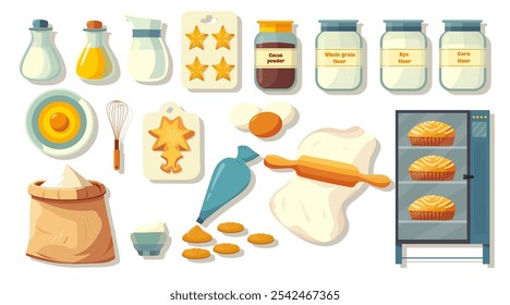 A set of ingredients for baking. Products and kitchen tools for baking, Oven, Blender, Kondyresky bag, flour, rye, corn, whole grain. Cookies, forms for baking. Vector