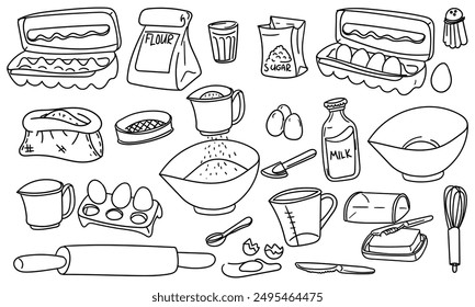 Set of ingredients and baking tools in a contour. Paper bag with flour, sugar, piece of butter, measuring cup, chicken eggs, salt shaker, whisk, milk, wooden rolling pin and many others in different