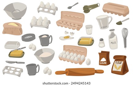 Set of ingredients and baking tools. Paper bag with flour, bag of sugar, piece of butter, measuring cup, chicken eggs, salt shaker, a whisk, milk, wooden rolling pin and more in different positions.