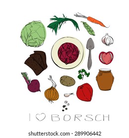 Set of ingredients for borsch. Plate with borsch and necessary vegetables scattered around.
