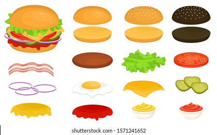 Set Of Ingredients For A Burger. Make Up Your Burger. Vector Illustration Of Fast Food. Junk Food.