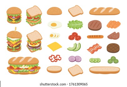 Set of ingredients for burger and sandwich on white background. Fast food Burger. Junk food concept.