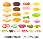 Set of ingredients for burger and sandwich . Sliced veggies, bun, cutlet, sauce. Vector illustration cartoon flat icon collection isolated on white.