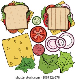 Set of ingredients for burger and sandwich . Sliced veggies, bun, cutlet. Vector illustration cartoon flat icon collection isolated on white.
