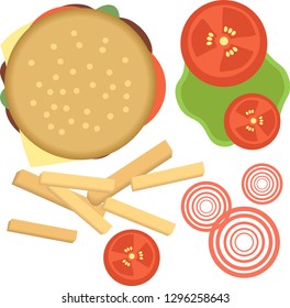Set of ingredients for burger and sandwich . Sliced veggies, bun, cutlet, sauce. Vector illustration cartoon collection isolated on white.