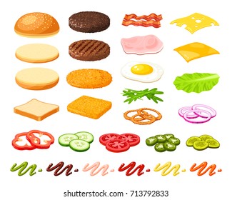 Set of ingredients for burger and sandwich . Sliced veggies, bun, cutlet, sauce. Vector illustration cartoon flat icon collection isolated on white.