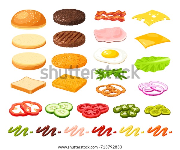 ハンバーガーとサンドイッチの材料のセット 薄切りの野菜 パン カツ ソース 白い背景にベクターイラストのカートーンフラットアイコンコレクション のベクター画像素材 ロイヤリティフリー