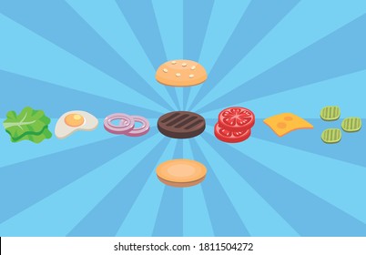 Set of ingredients for burger . Sliced veggies, bun, cutlet, cheese. Vector illustration cartoon flat icon collection.