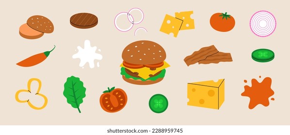 A set of ingredients for a burger. Vegetables, bun, patty, sauce. Flat vector illustration isolated on white background.